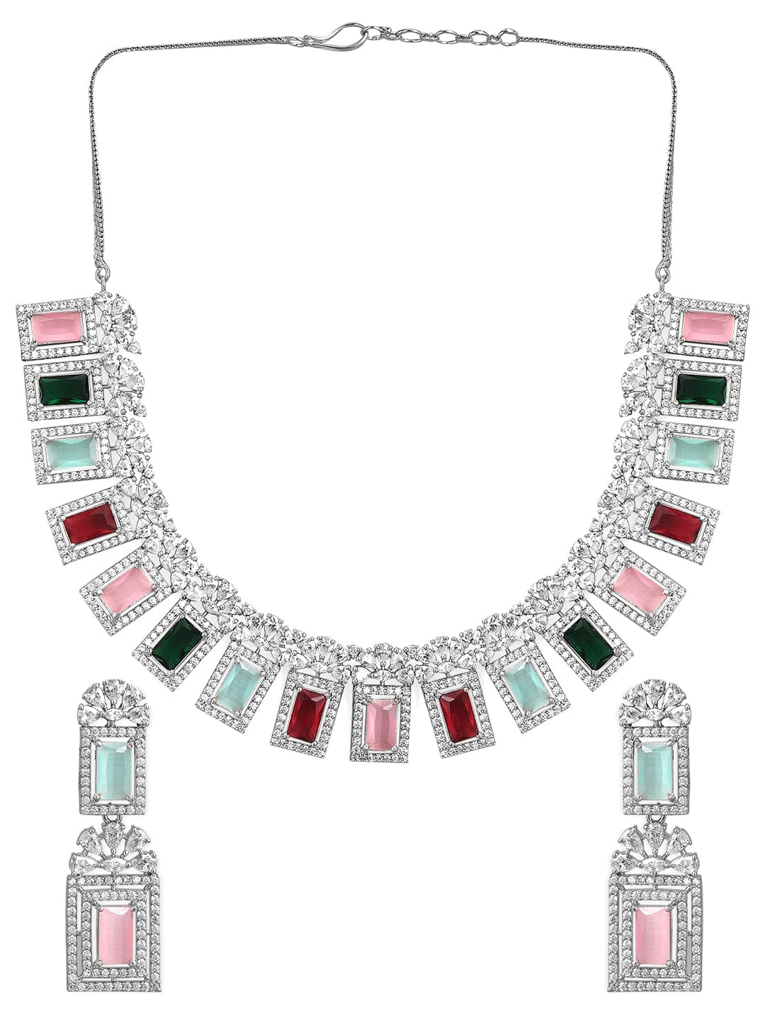 Multicolor Studded American Diamond Zirconia Necklace Set Silver