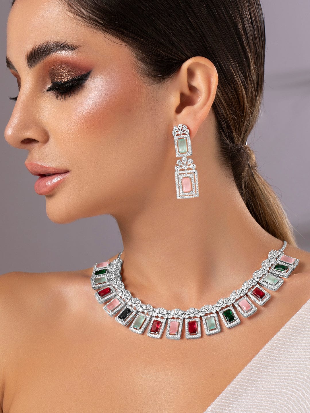 Multicolor Studded American Diamond Zirconia Necklace Set Silver
