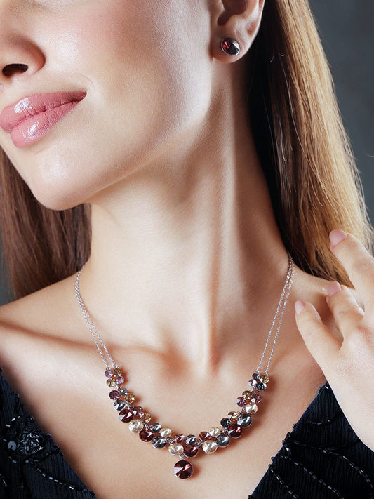【Rubans】 Rhodium-Plated Multihued Zirconia Embellished Flowerlet Necklace Set｜ロジウムメッキ マルチカラー ジルコニア フラワー ネックレスセット