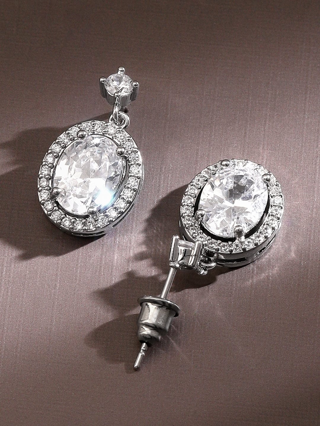 Rhodium Plated American Diamond Zirconia Drop Earrings Silver