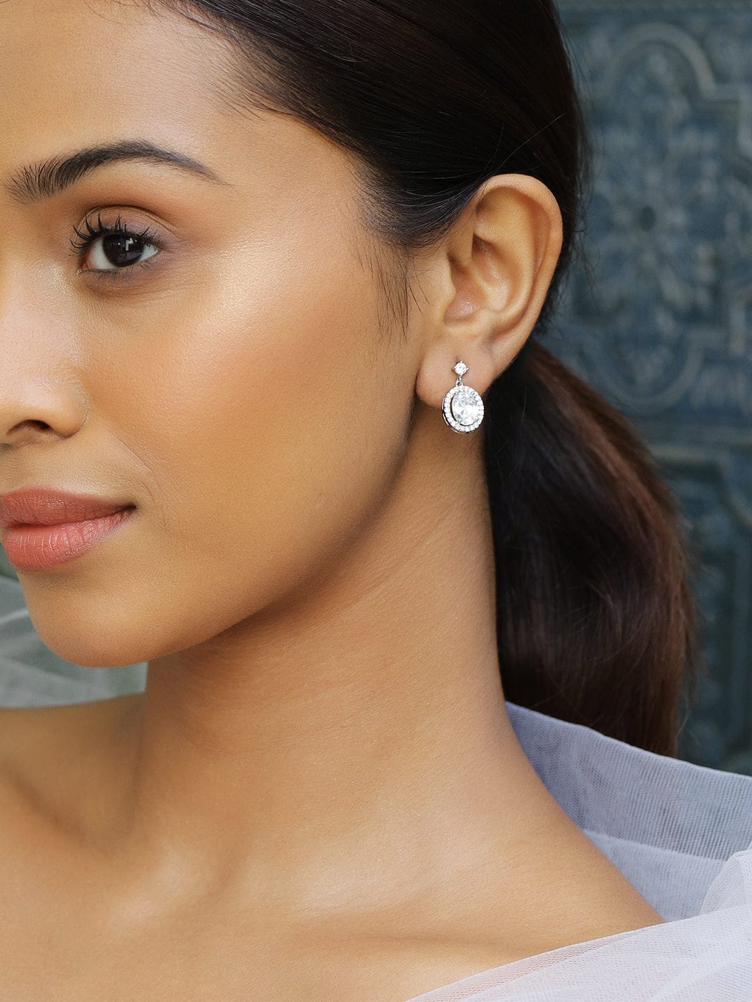 Rhodium Plated American Diamond Zirconia Drop Earrings Silver