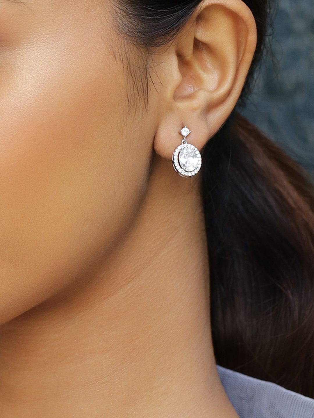 Rhodium Plated American Diamond Zirconia Drop Earrings Silver