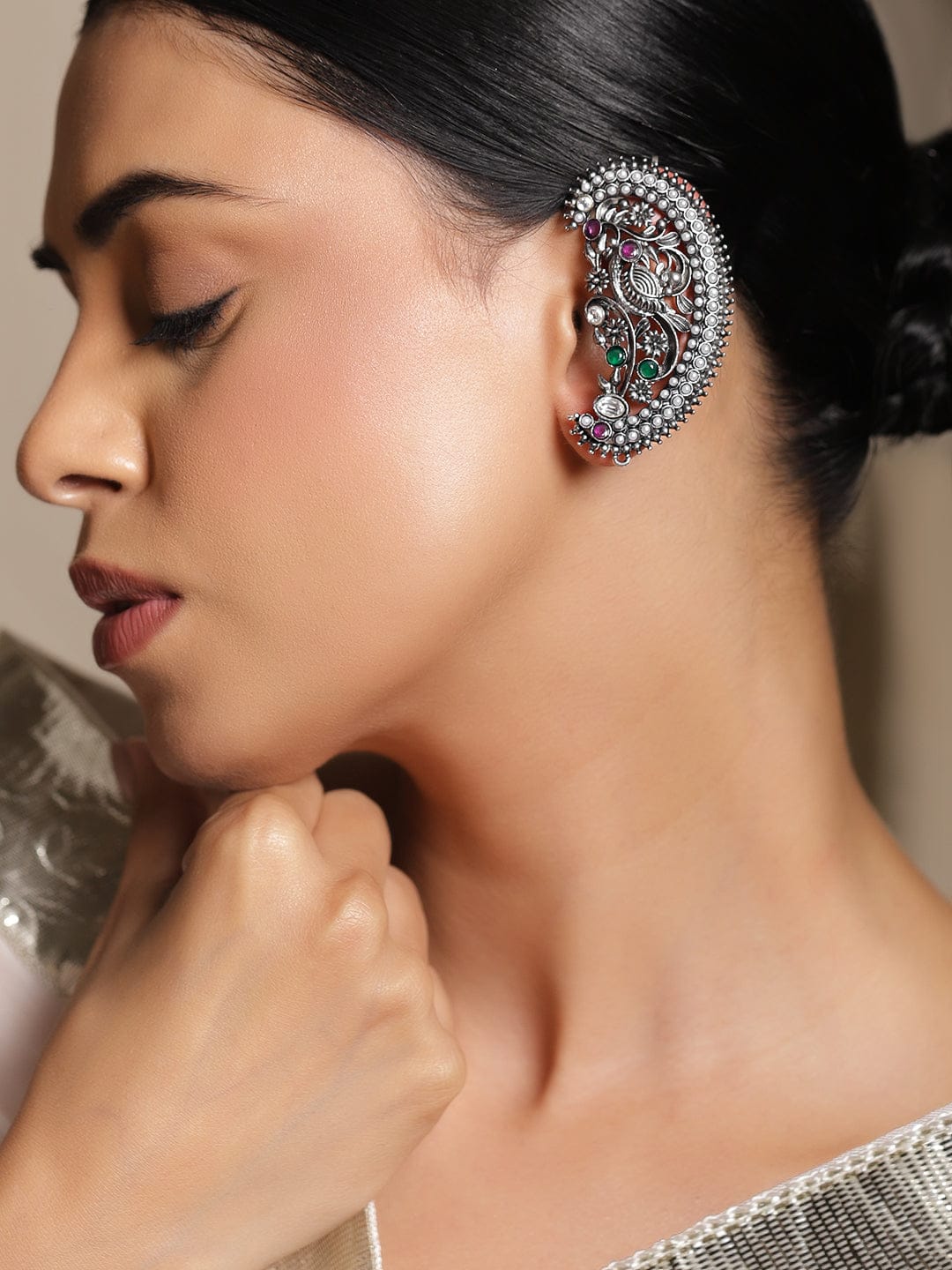 Peacock Motif Oxidised Ear Cuffs フリーサイズ