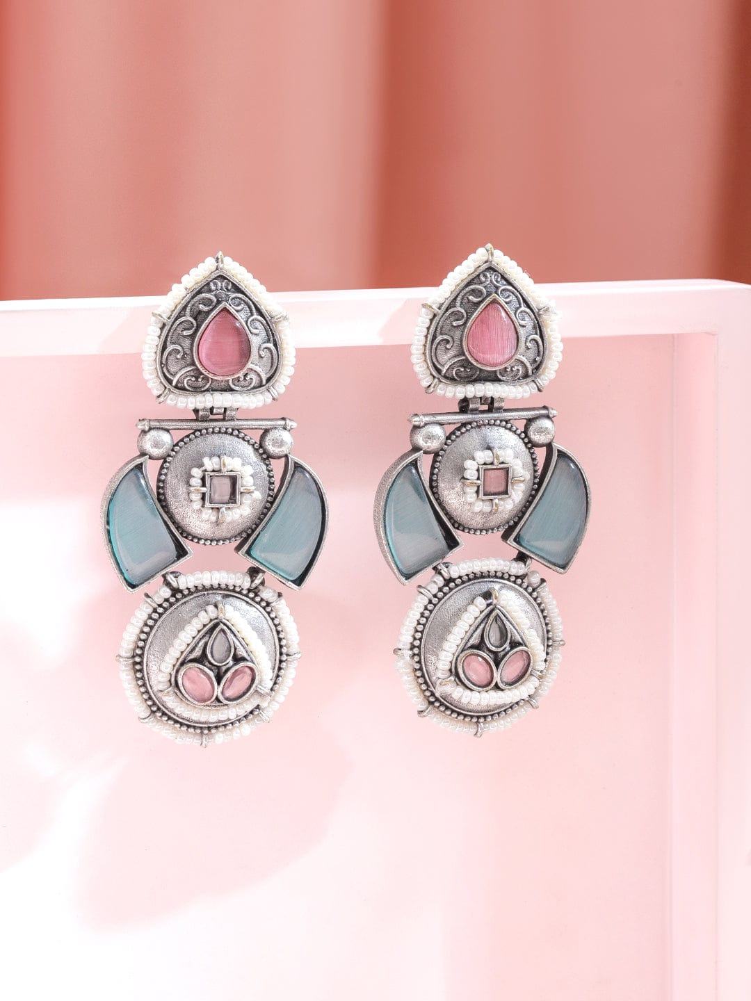 Pastel Stone Oxidised Silver Earrings フリーサイズ