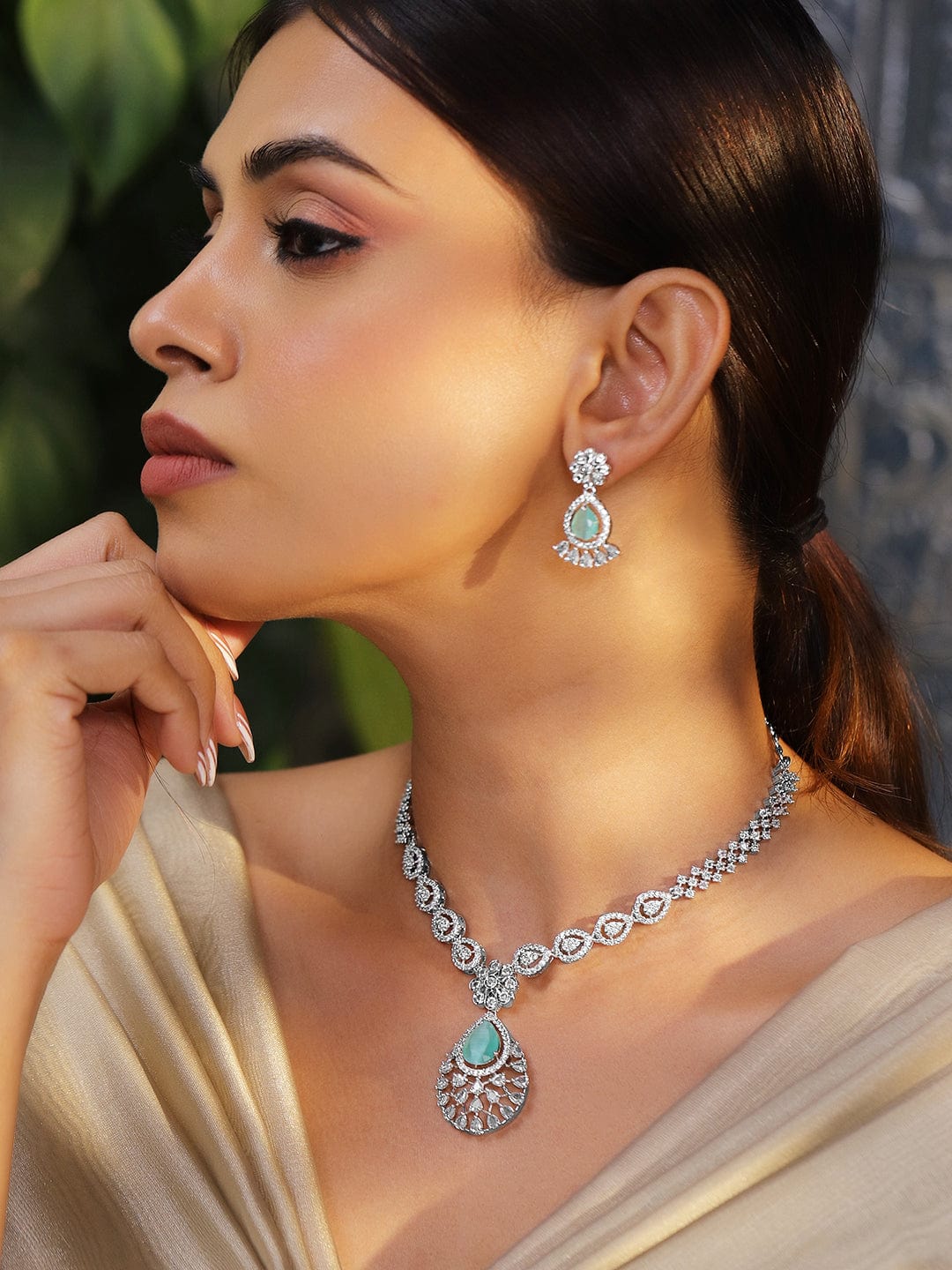 American Diamond Zirconia Green Accented Necklace Set Pastel Green