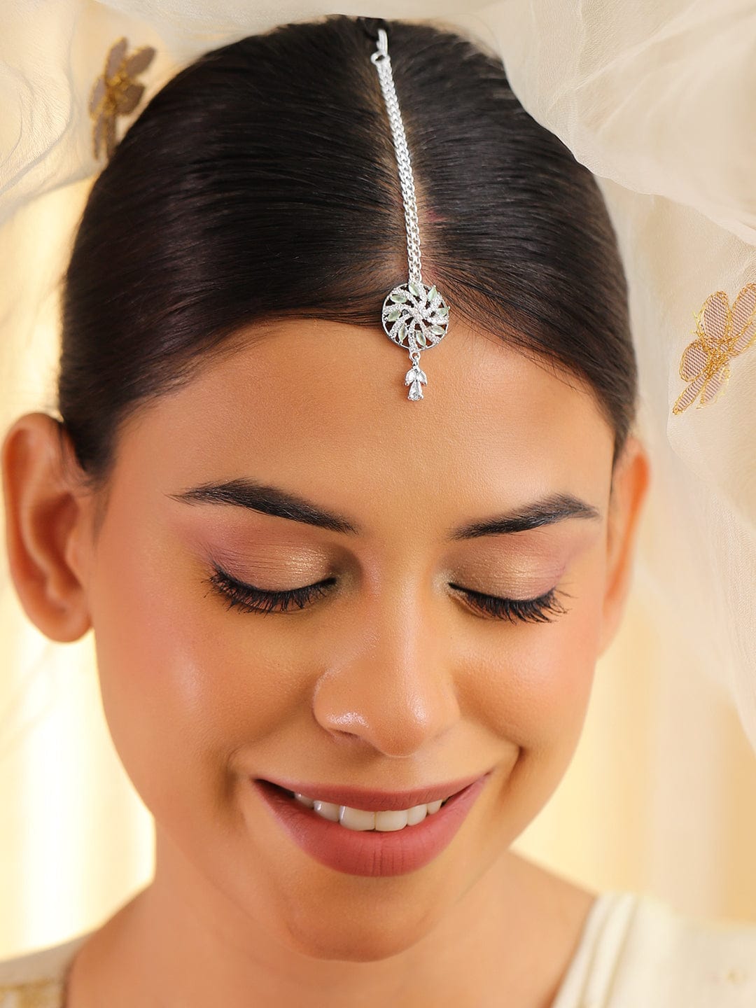 Rubans Rhodium-Plated Pastel Green and White Cubic Zirconia Maang Tikka Silver