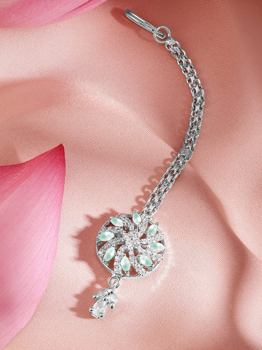 Rubans Rhodium-Plated Pastel Green and White Cubic Zirconia Maang Tikka Silver