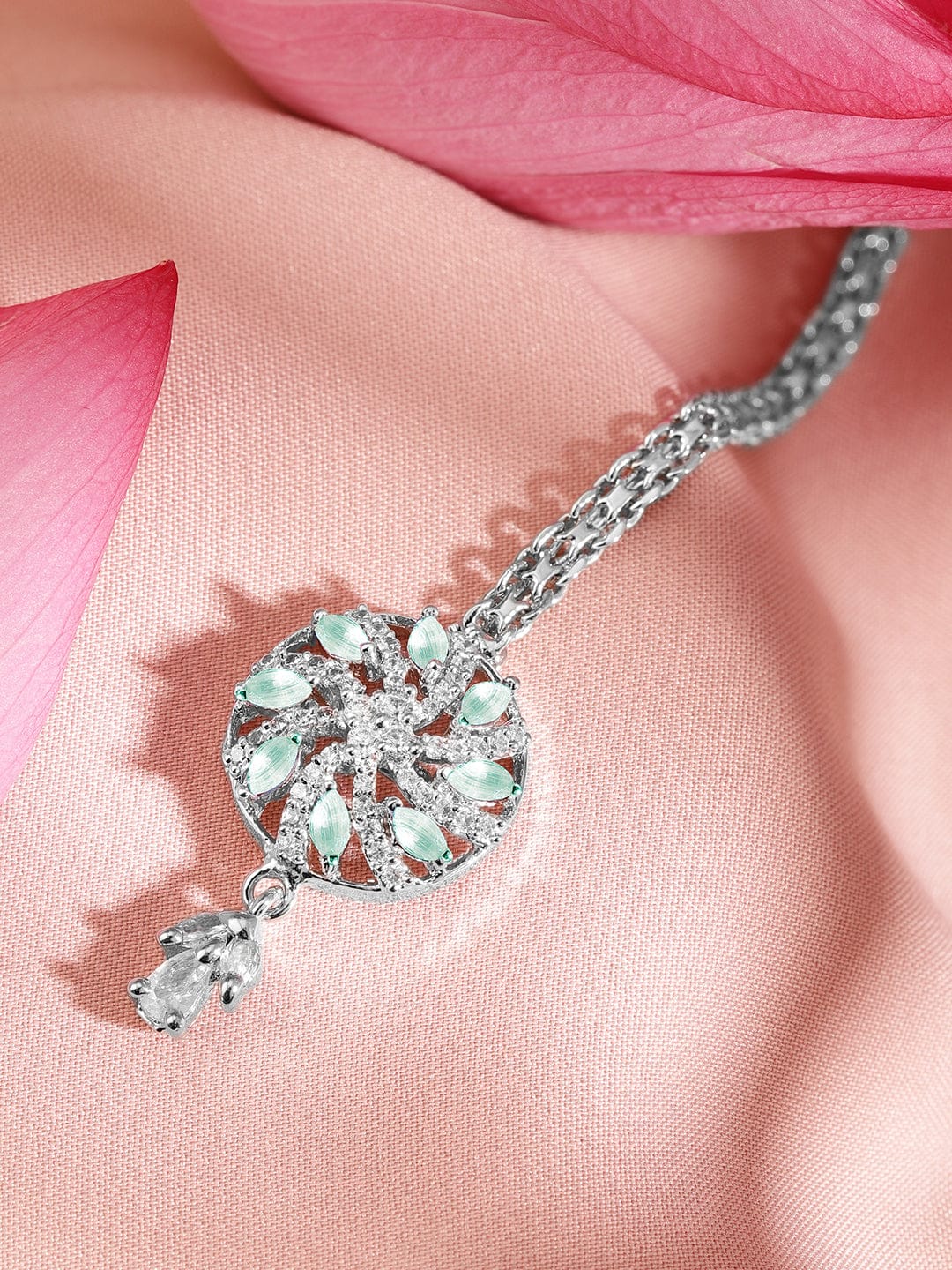 Rubans Rhodium-Plated Pastel Green and White Cubic Zirconia Maang Tikka Silver