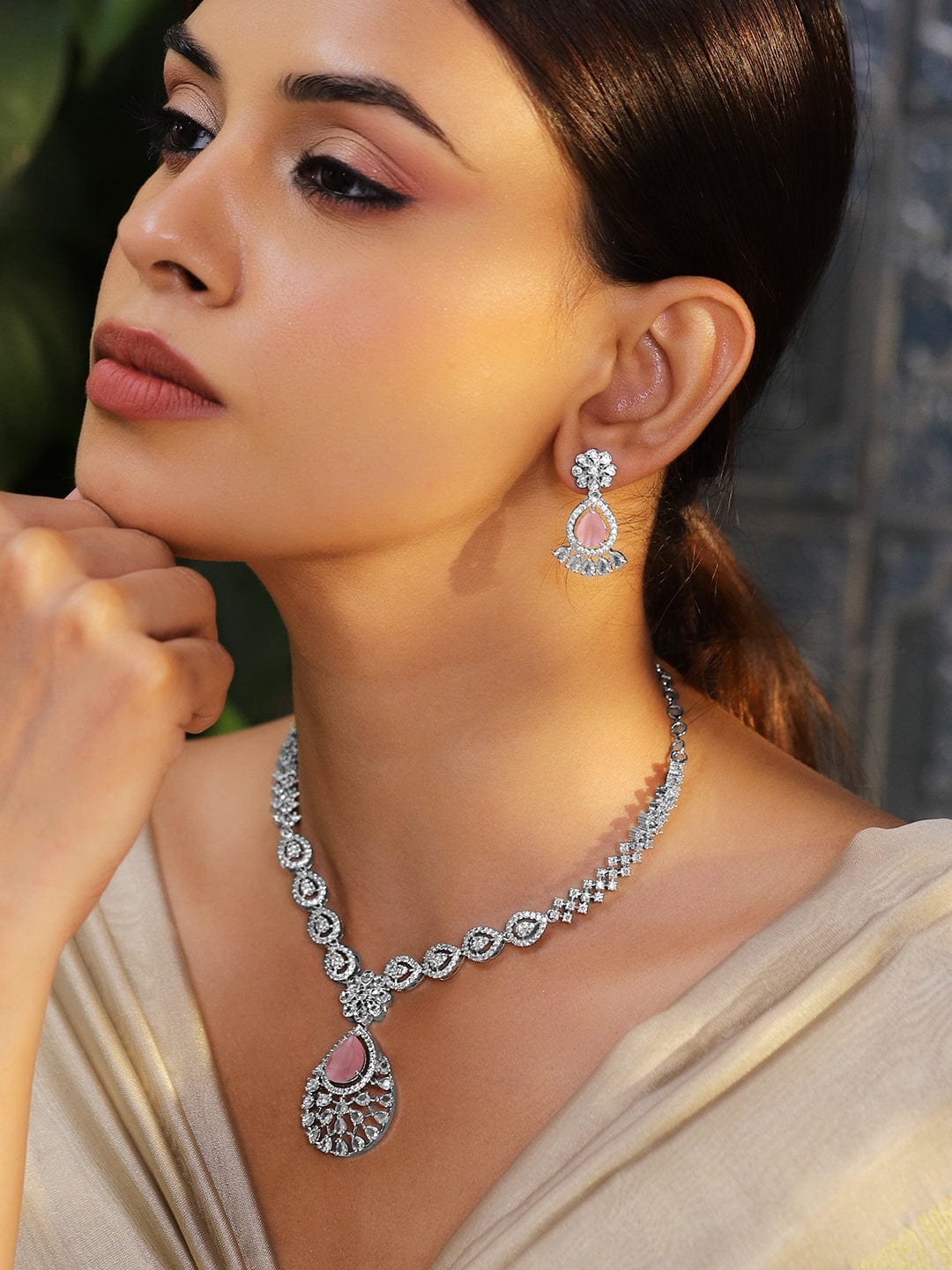 Pink American Diamond Zirconia Necklace Set Pastel Pink