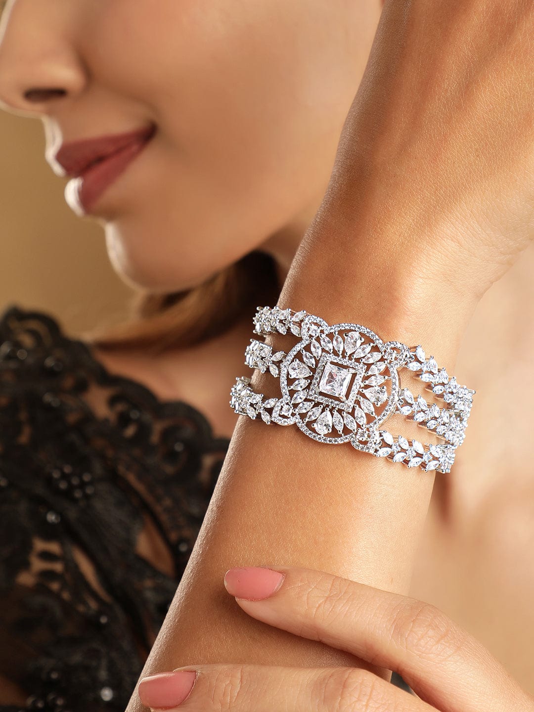 Rubans Rhodium Plated Pave Cubic Zirconia Stone Studded Triple Layer Premium Chain Bracelet Silver