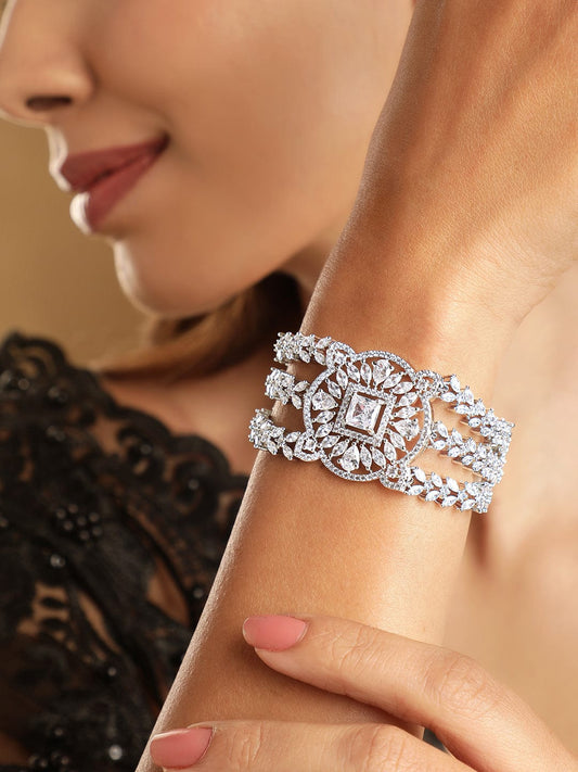 Rubans Rhodium Plated Pave Cubic Zirconia Stone Studded Triple Layer Premium Chain Bracelet Silver