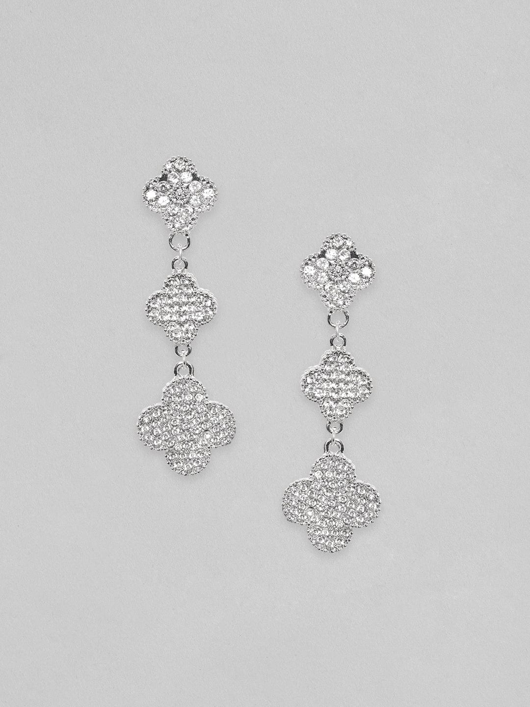 Rubans Voguish Rhodium Plated Pave Stone Studded Dangle Earrings Silver