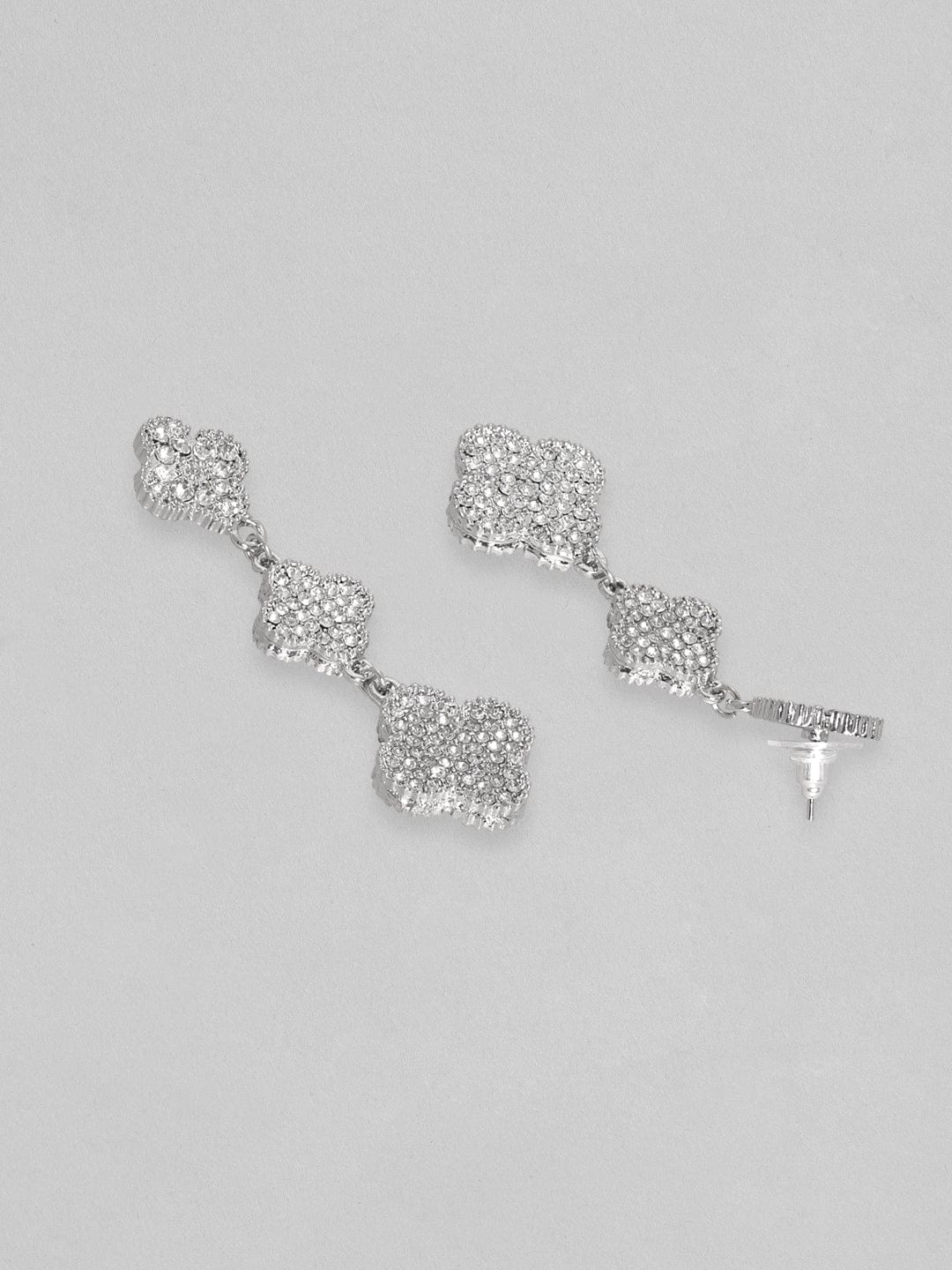 Rubans Voguish Rhodium Plated Pave Stone Studded Dangle Earrings Silver