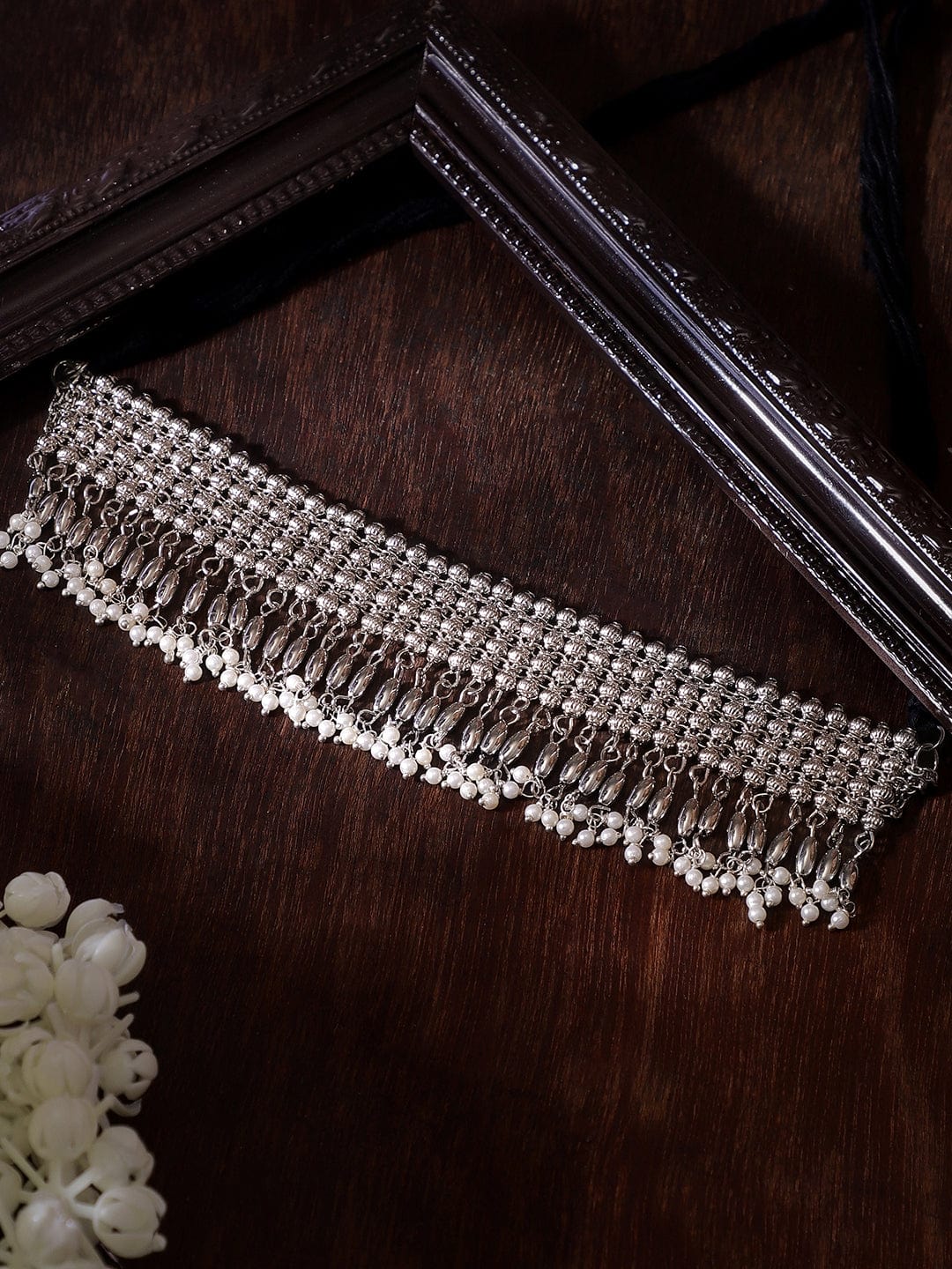 Floral Motif Elegant Oxidised Choker Silver