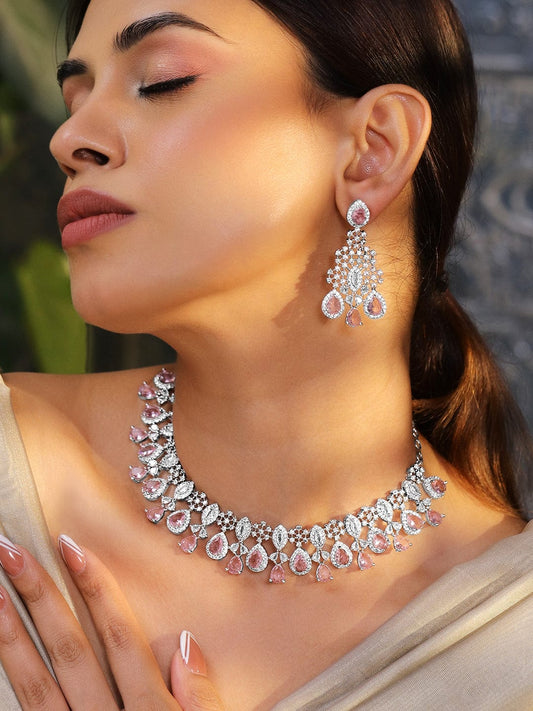 American Diamond Zirconia Pink Studded Necklace Set Pink