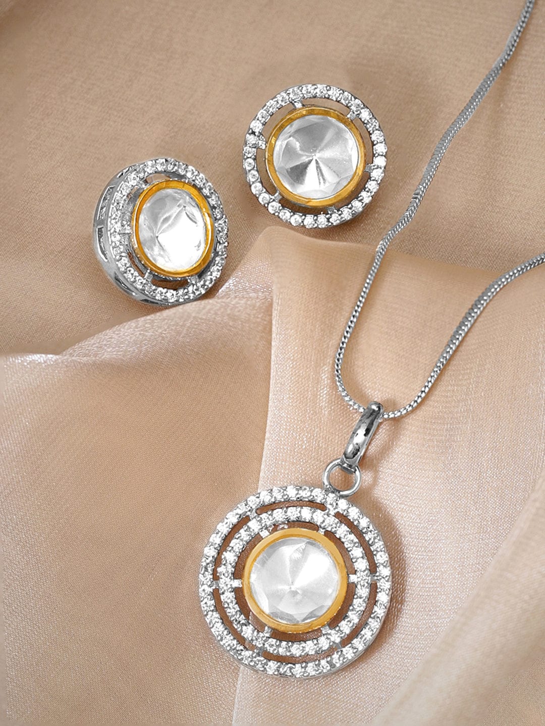 Rubans Rhodium Plated Polki & Zirconia Studded Minimal Pendant Set Silver