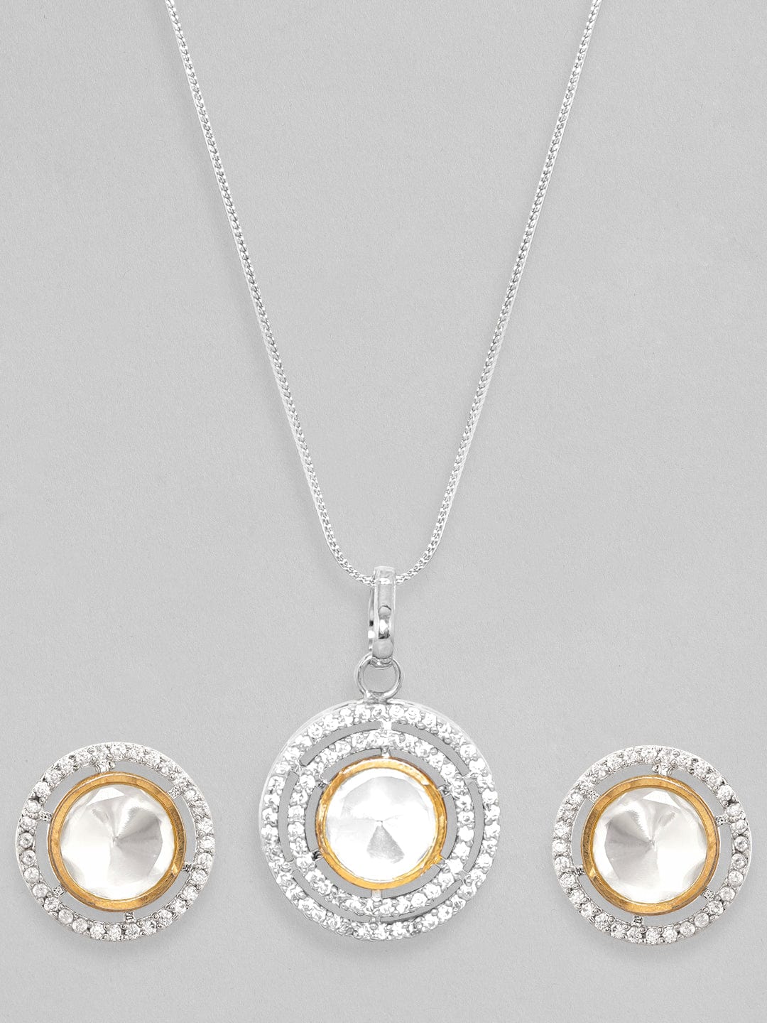 Rubans Rhodium Plated Polki & Zirconia Studded Minimal Pendant Set Silver