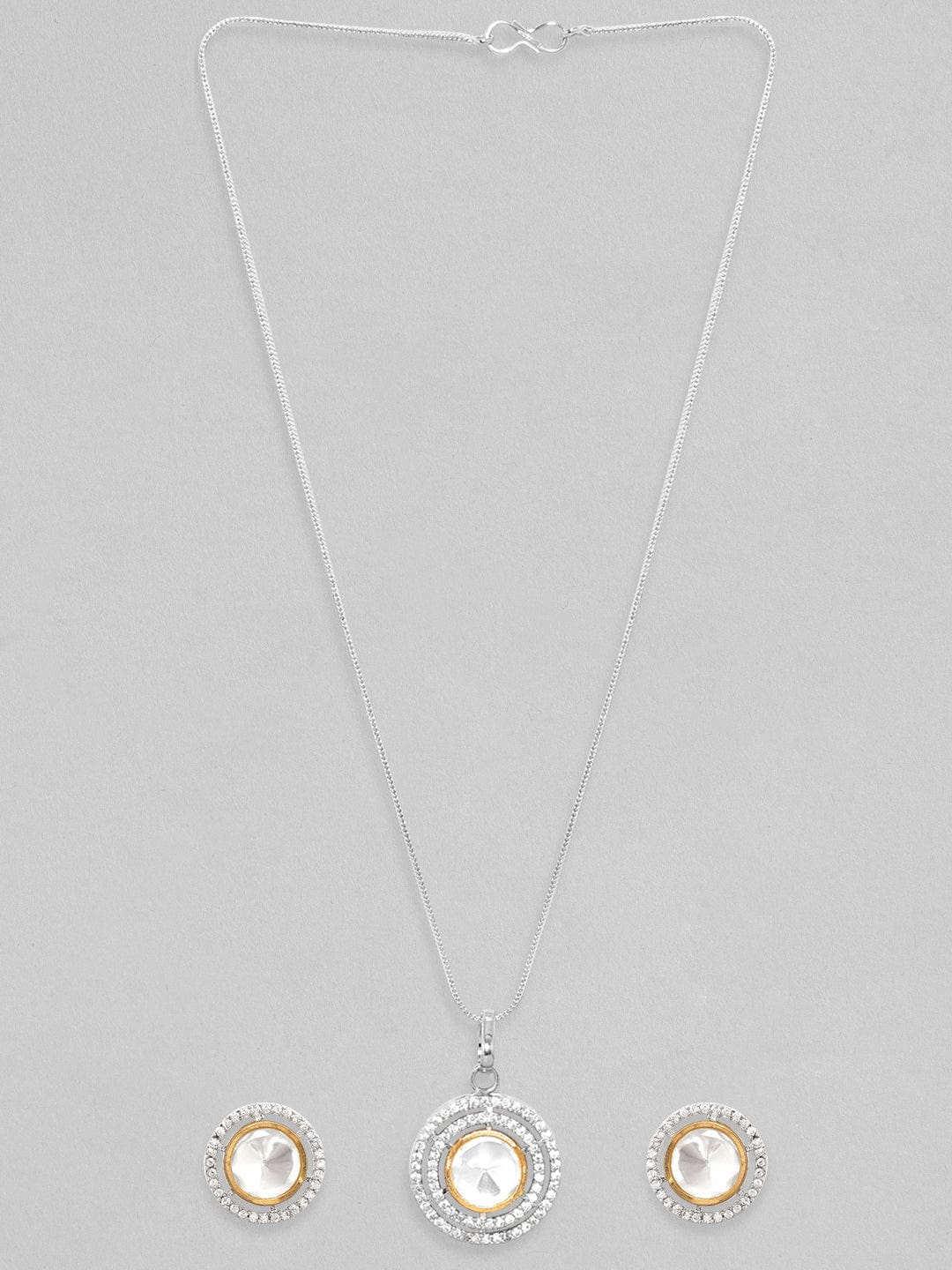 Rubans Rhodium Plated Polki & Zirconia Studded Minimal Pendant Set Silver