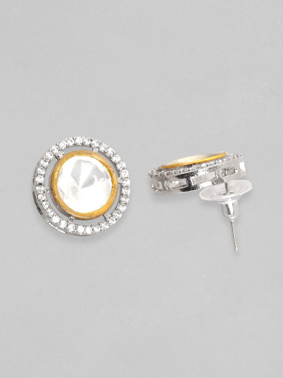 Rubans Rhodium Plated Polki & Zirconia Studded Minimal Pendant Set Silver