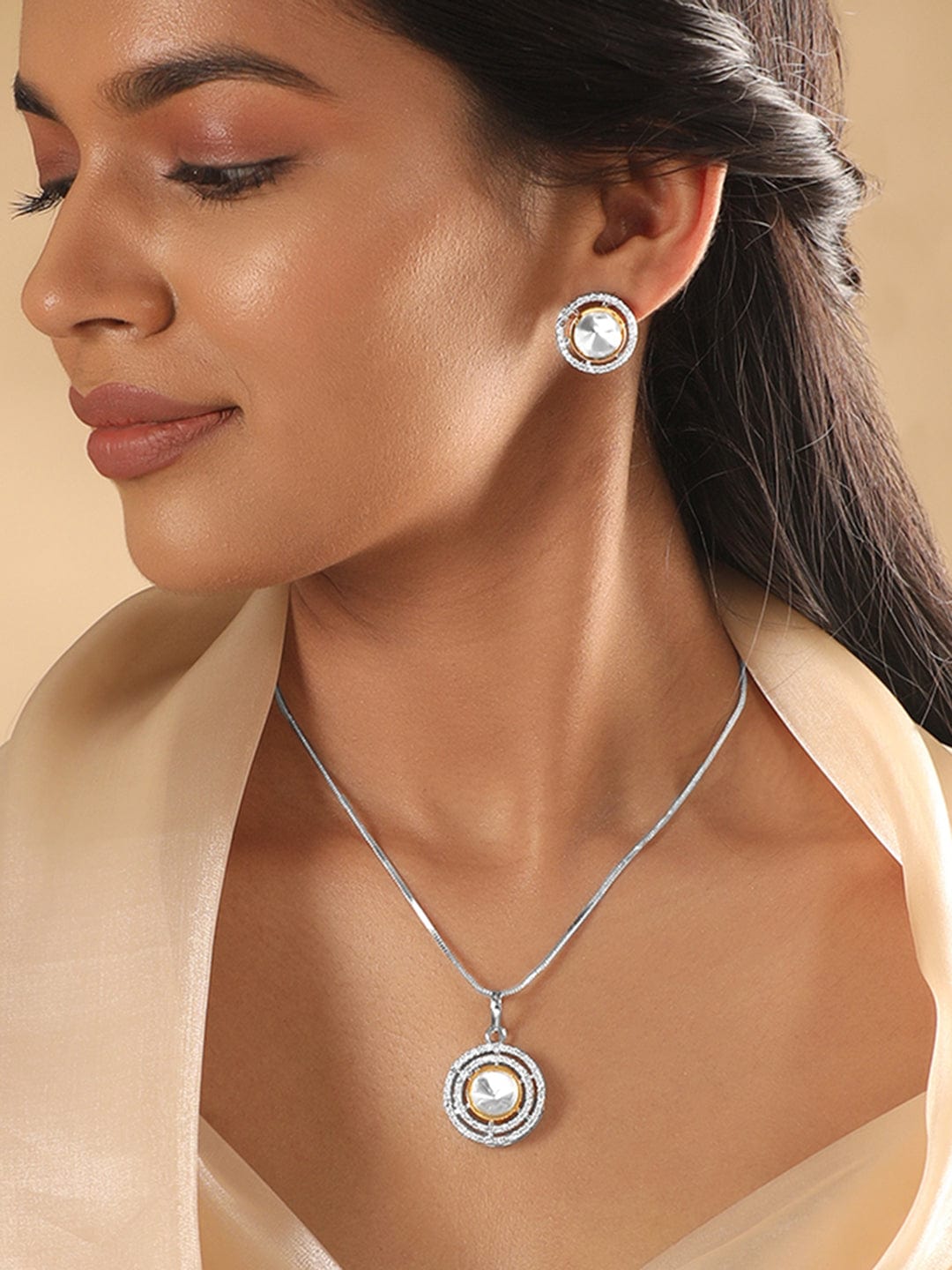 Rubans Rhodium Plated Polki & Zirconia Studded Minimal Pendant Set Silver