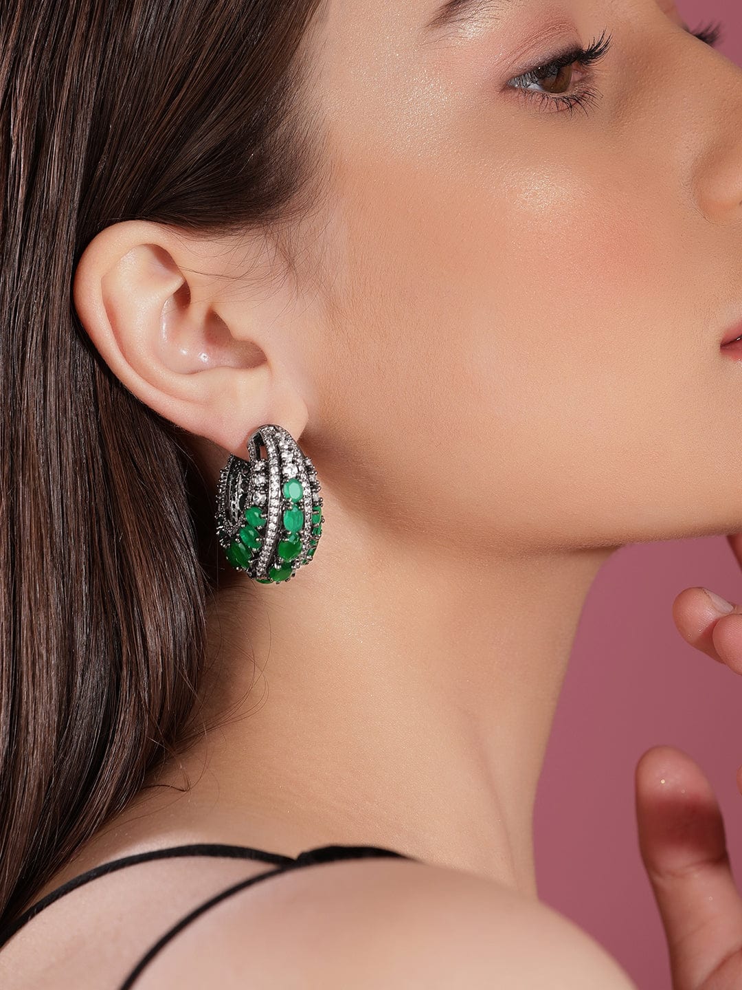 Statement Green Zirconia Hoops Green::Silver