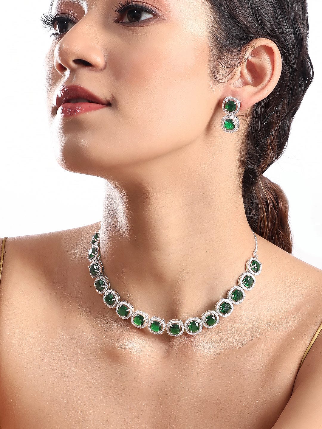 American Diamond Zirconia Emerald Necklace Set フリーサイズ
