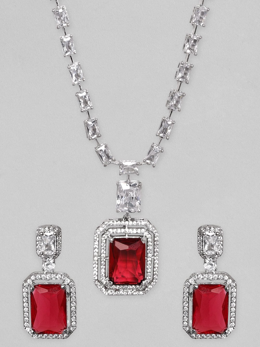 American Diamond Zirconia Ruby Red Necklace Set Red