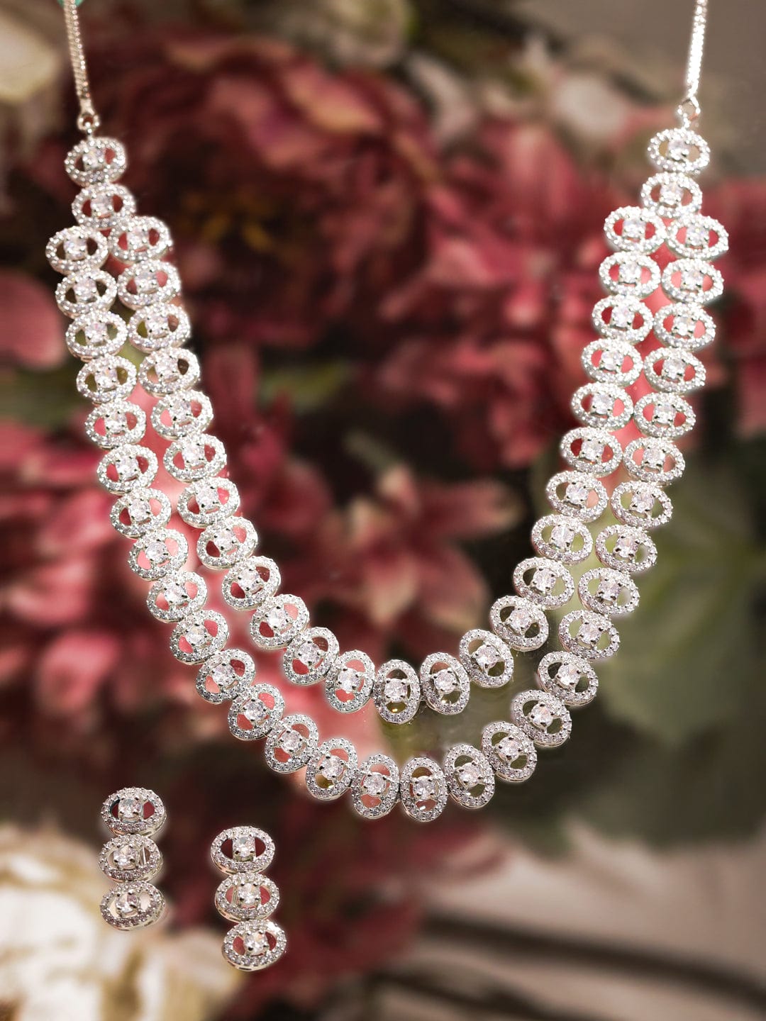 American Diamond Zirconia Dual Layered Necklace Set Silver