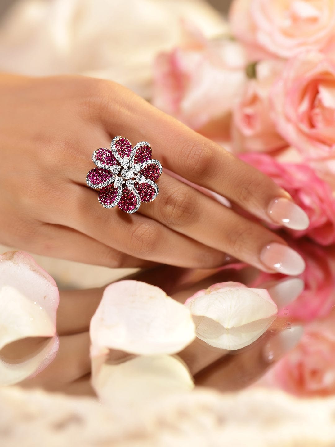 Red Floral American Diamond Zirconia Ring Red