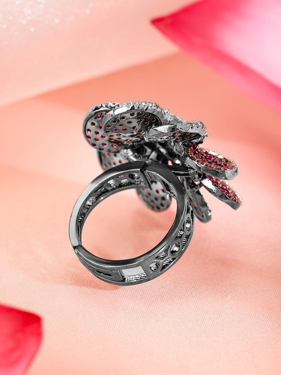 Red Floral American Diamond Zirconia Ring Red