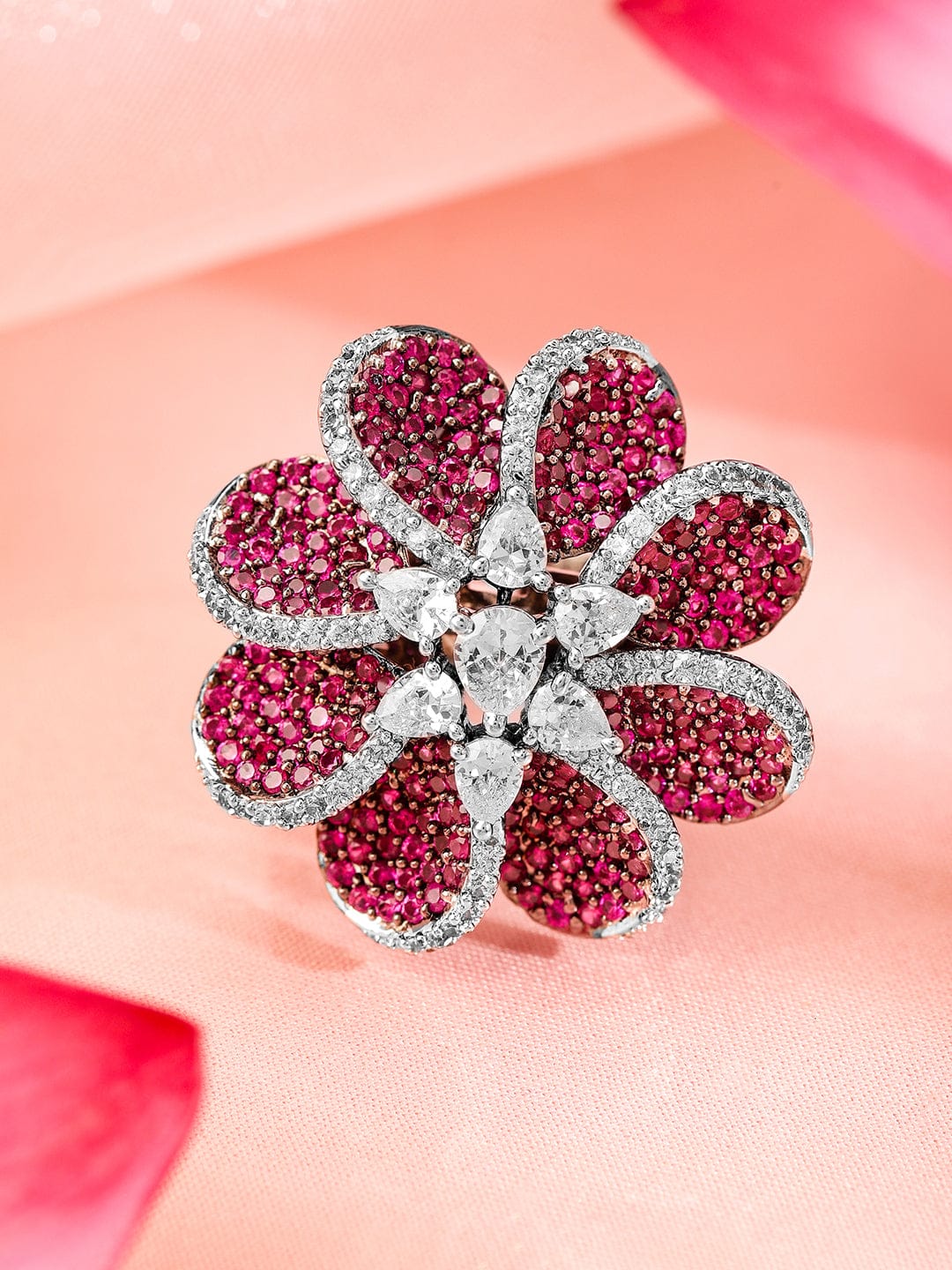 Red Floral American Diamond Zirconia Ring Red