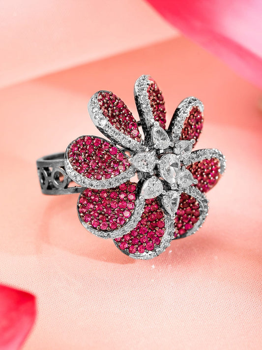 Red Floral American Diamond Zirconia Ring Red