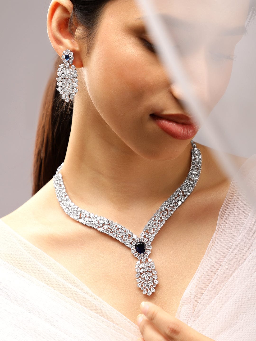 American Diamond Zirconia Blue Accented Necklace Set Blue