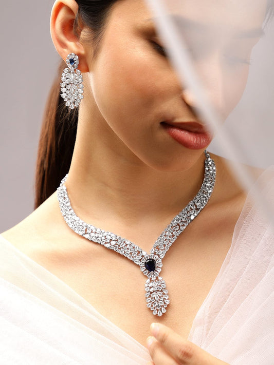 American Diamond Zirconia Blue Accented Necklace Set Blue