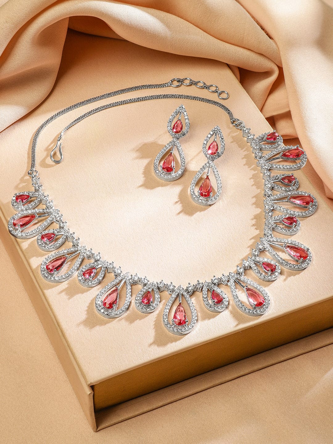 Pink American Diamond Zirconia Teardrop Necklace Set Rose Pink