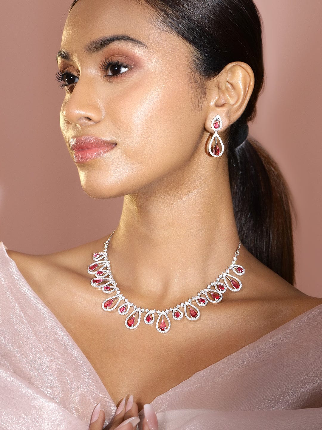 Pink American Diamond Zirconia Teardrop Necklace Set Rose Pink