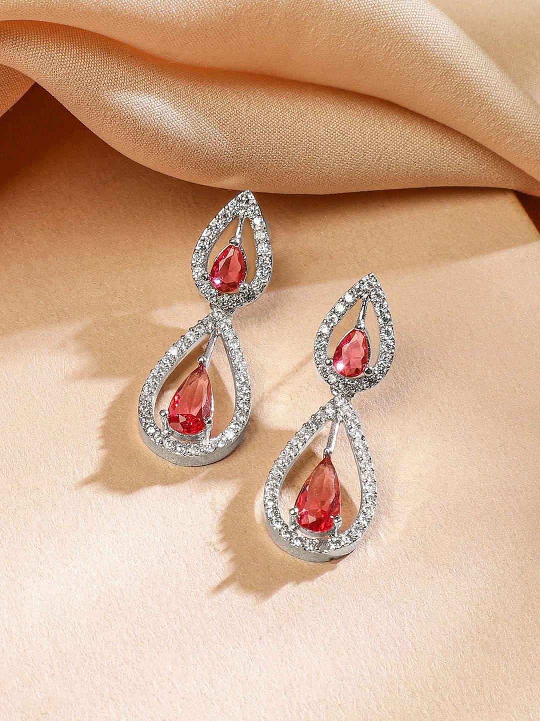 Pink American Diamond Zirconia Teardrop Necklace Set Rose Pink