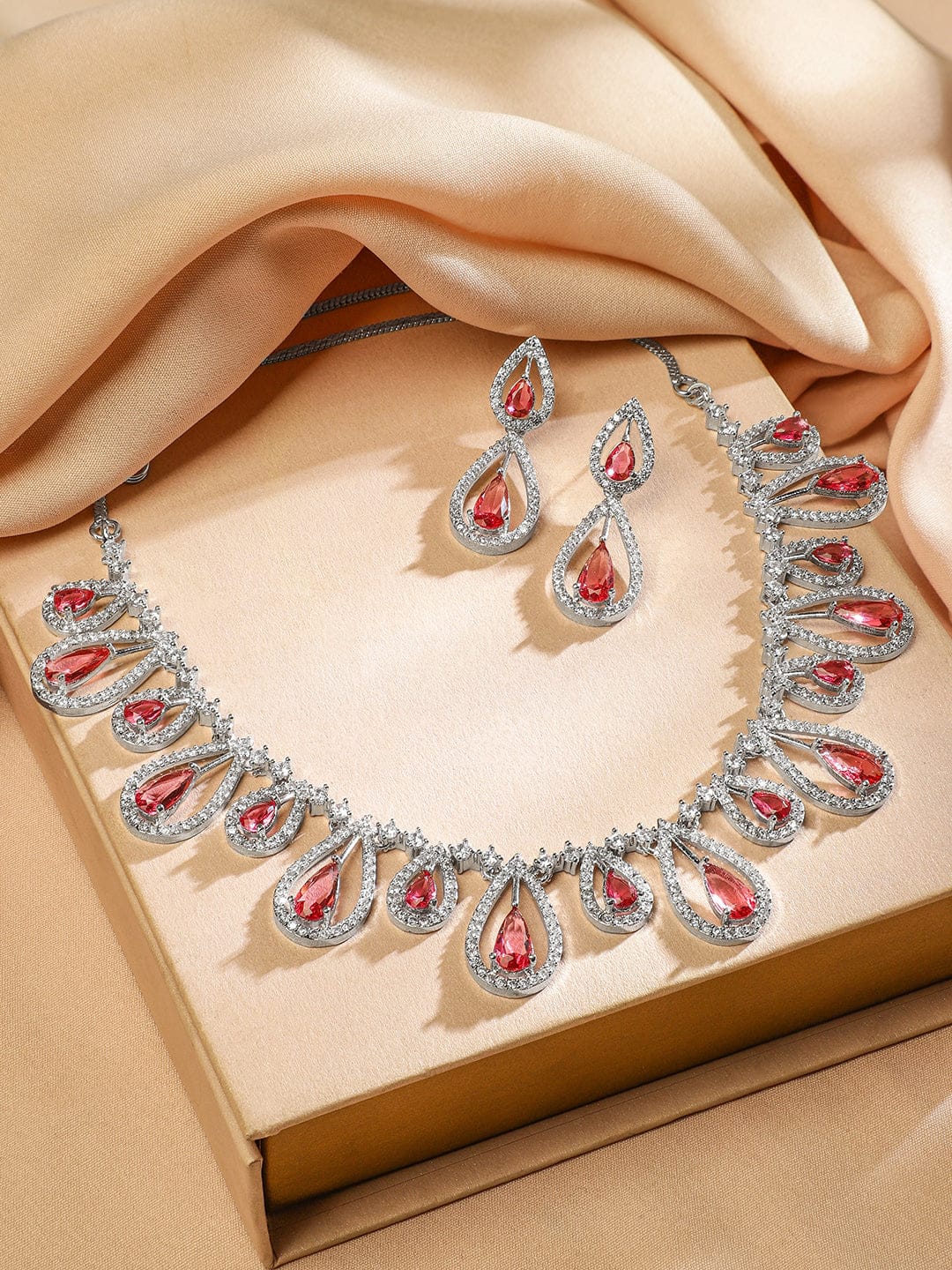 Pink American Diamond Zirconia Teardrop Necklace Set Rose Pink