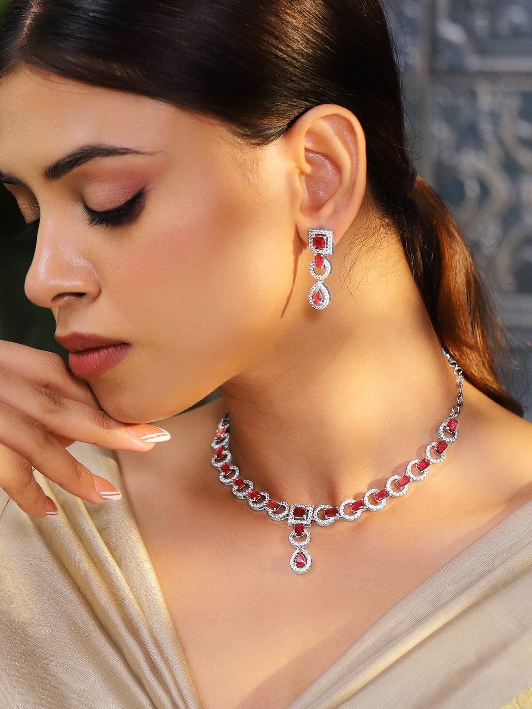 American Diamond Zirconia Pink Cubic Necklace Set Ruby Pink