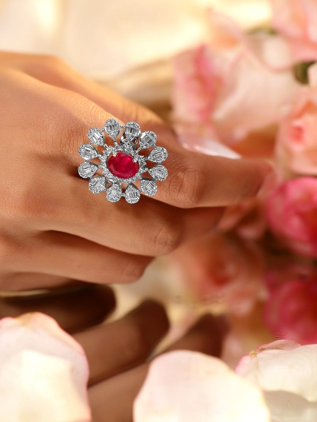 Red American Diamond Zirconia Floral Ring Pink