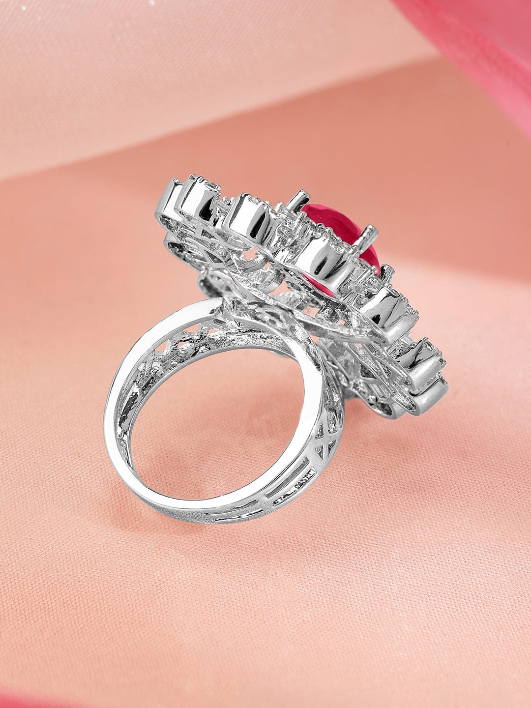 Red American Diamond Zirconia Floral Ring Pink