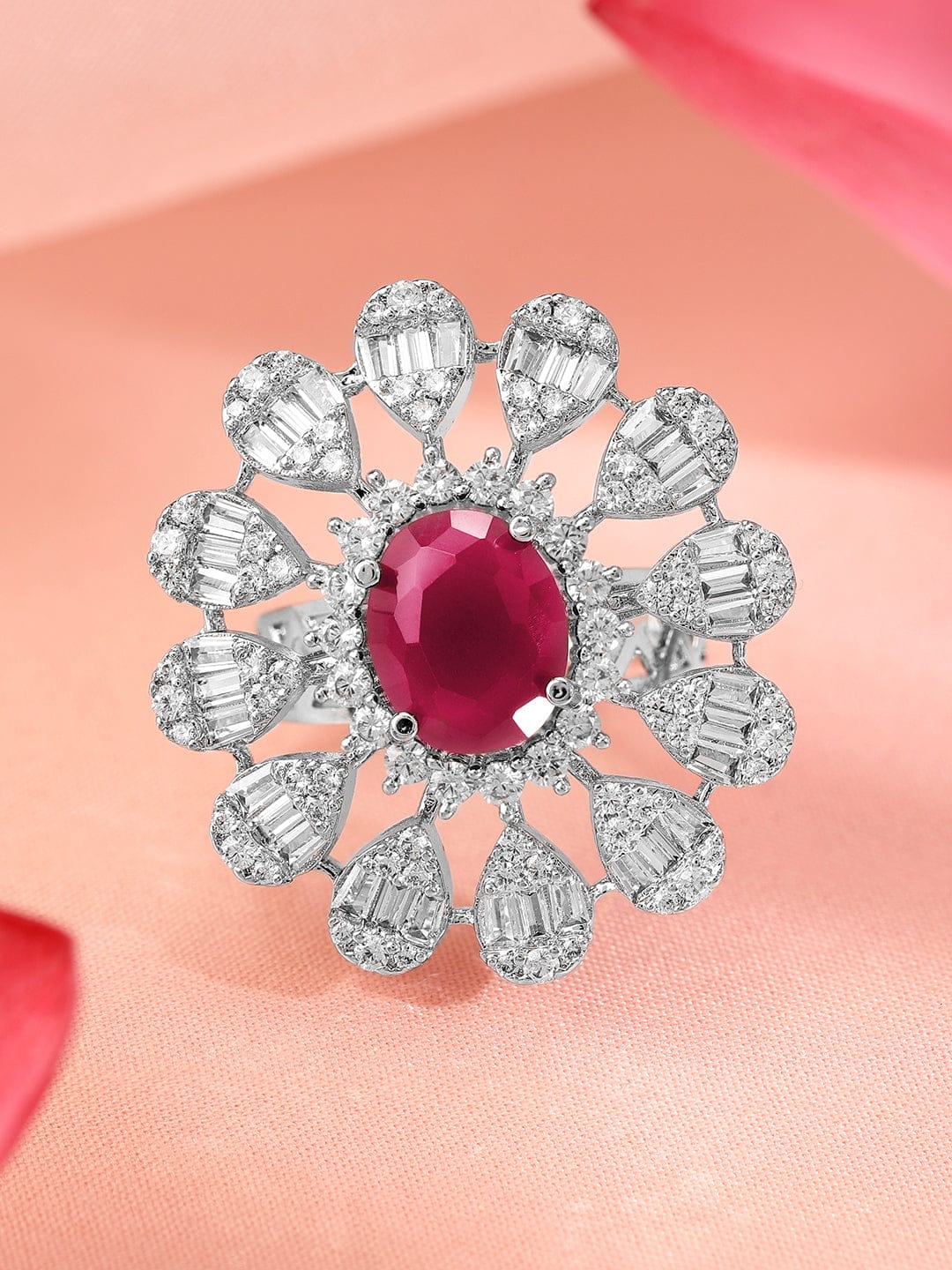 Red American Diamond Zirconia Floral Ring Pink
