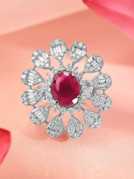 Red American Diamond Zirconia Floral Ring Pink
