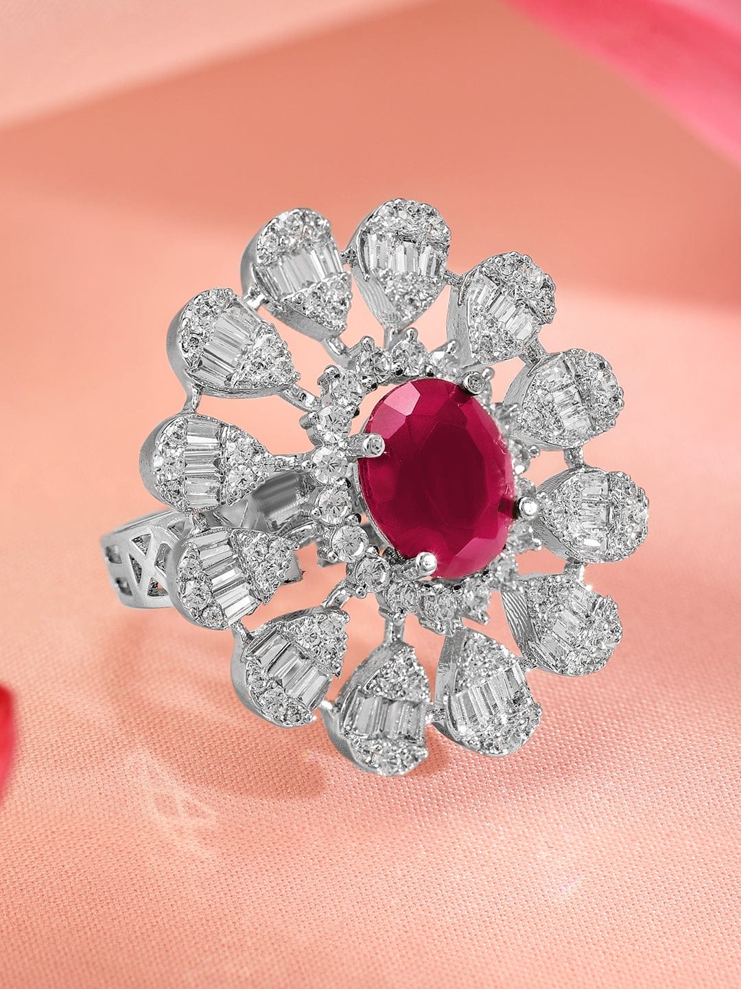 Red American Diamond Zirconia Floral Ring Pink