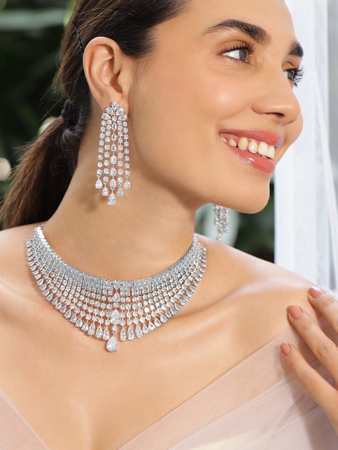 Accented American Diamond Zirconia Necklace Set White