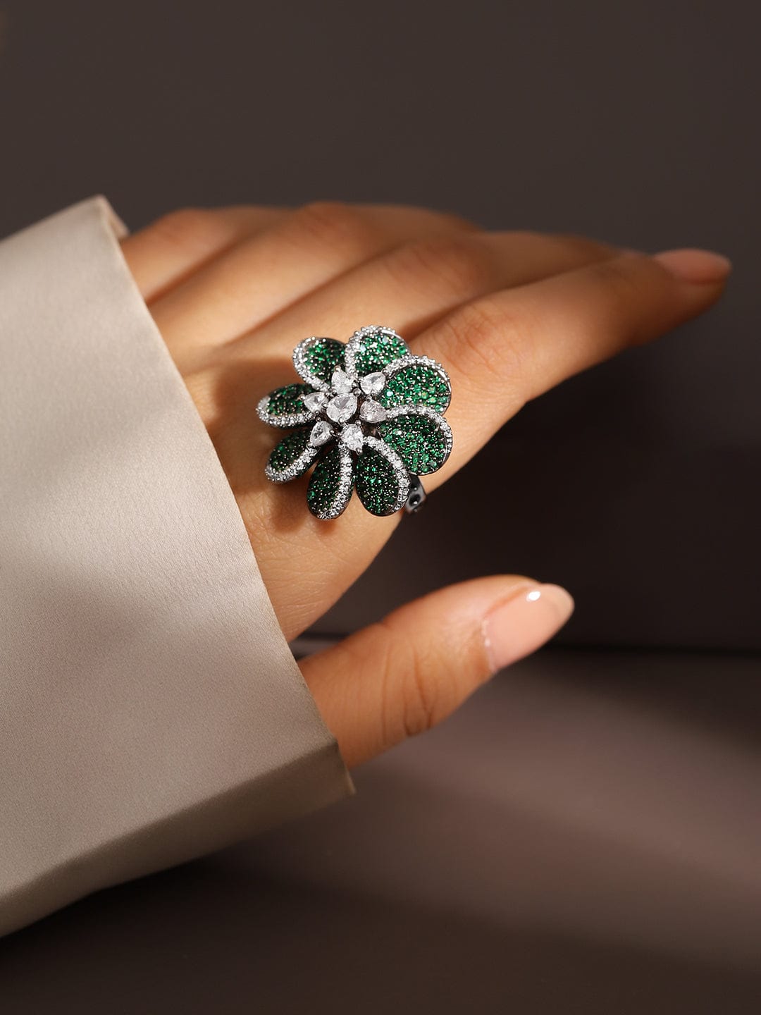 Floral Green American Diamond Zirconia Ring Green