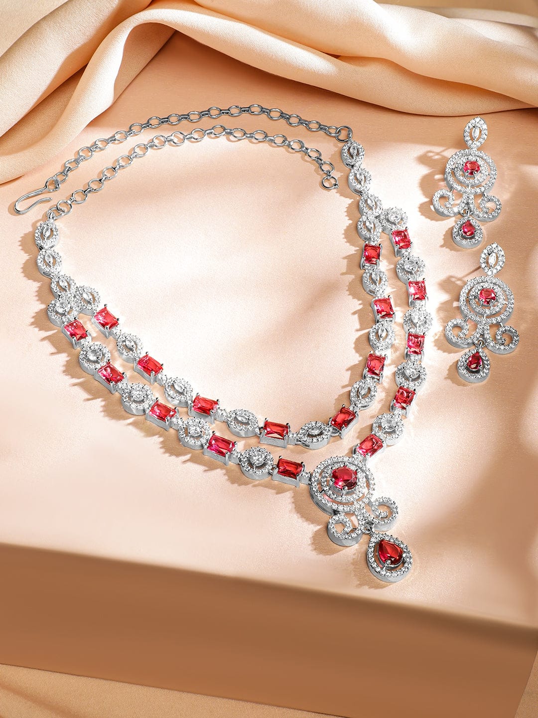 Red American Diamond Zirconia Layered Necklace Set Ruby Pink