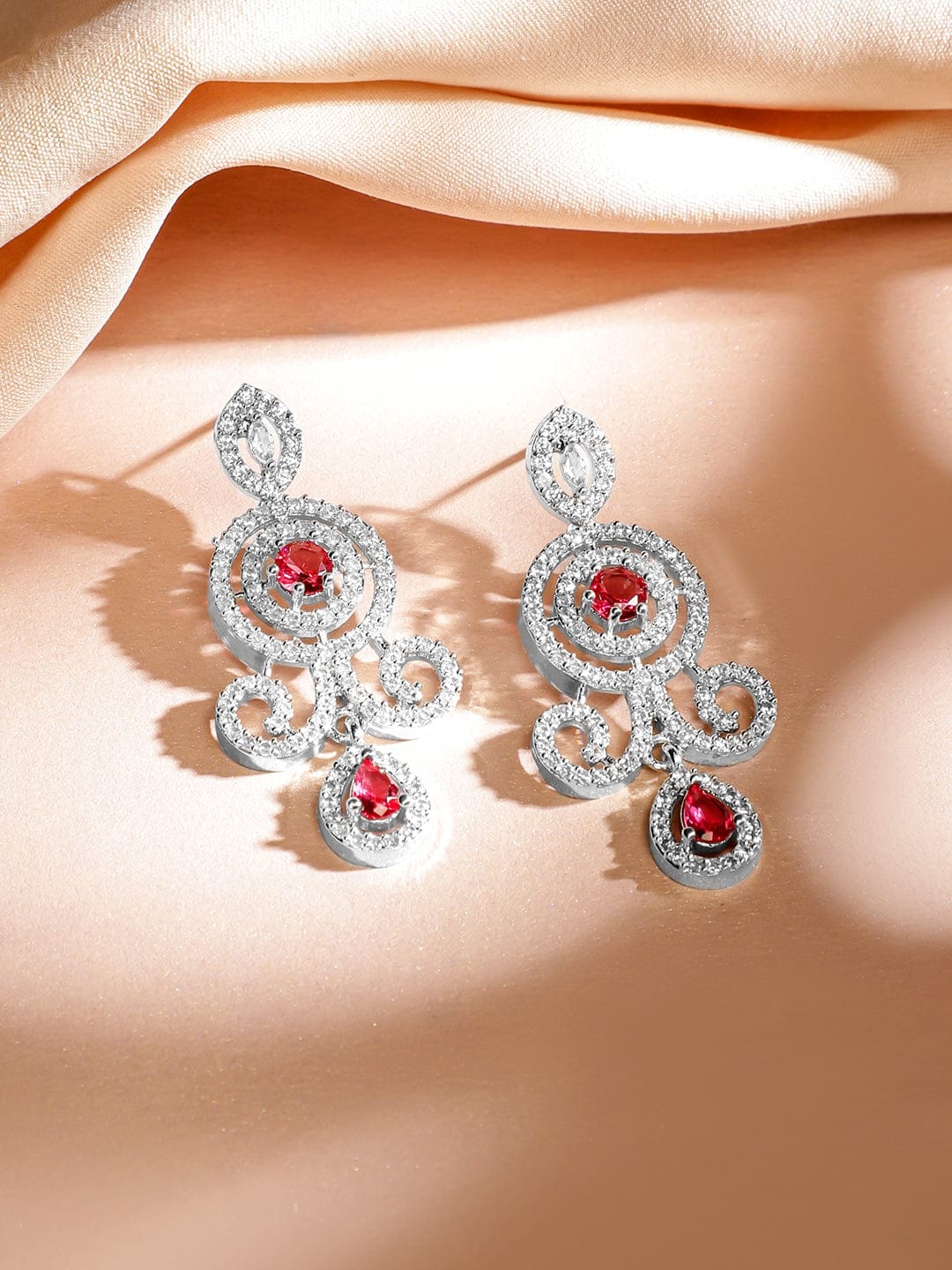 Red American Diamond Zirconia Layered Necklace Set Ruby Pink