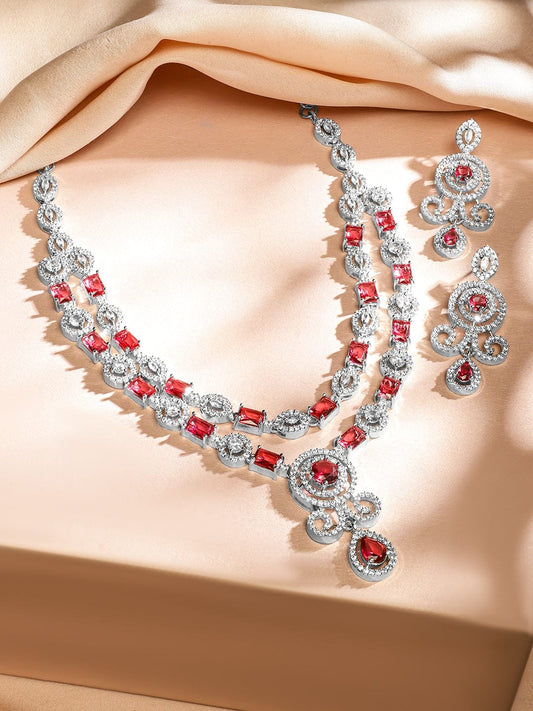 Red American Diamond Zirconia Layered Necklace Set Ruby Pink