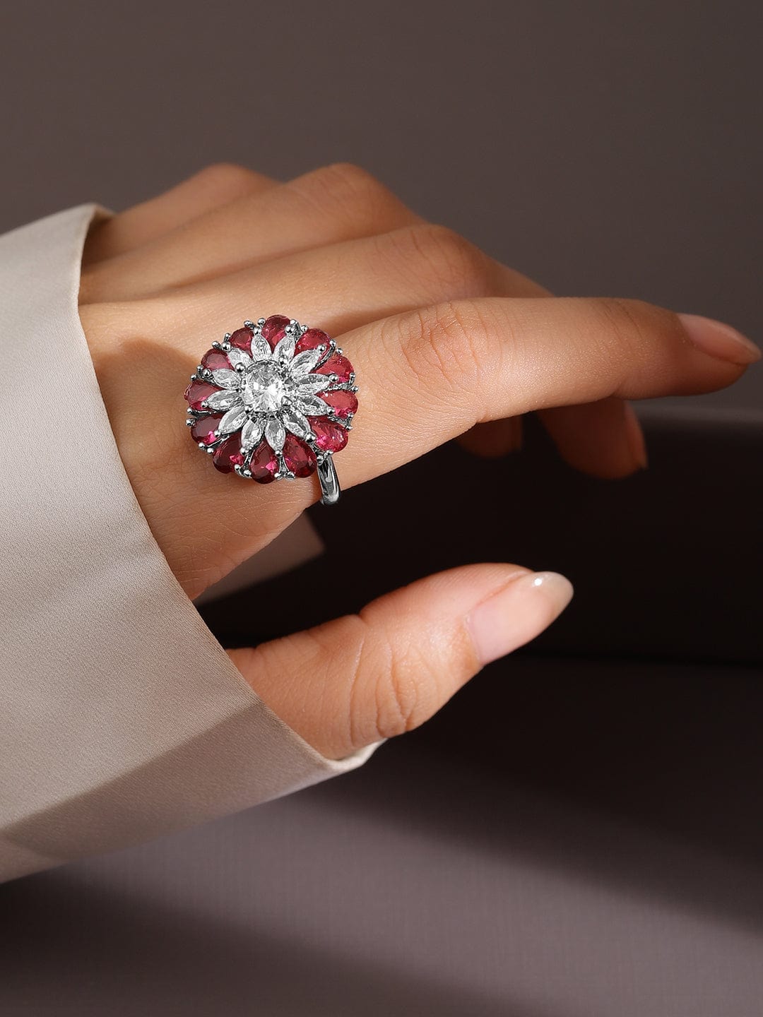 Floral Pink American Diamond Zirconia Ring Ruby Pink